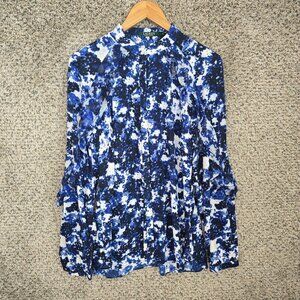 Lauren Ralph Lauren Top Womens Large Blue Printed‎ Button Up Blouse Ruffle Sheer